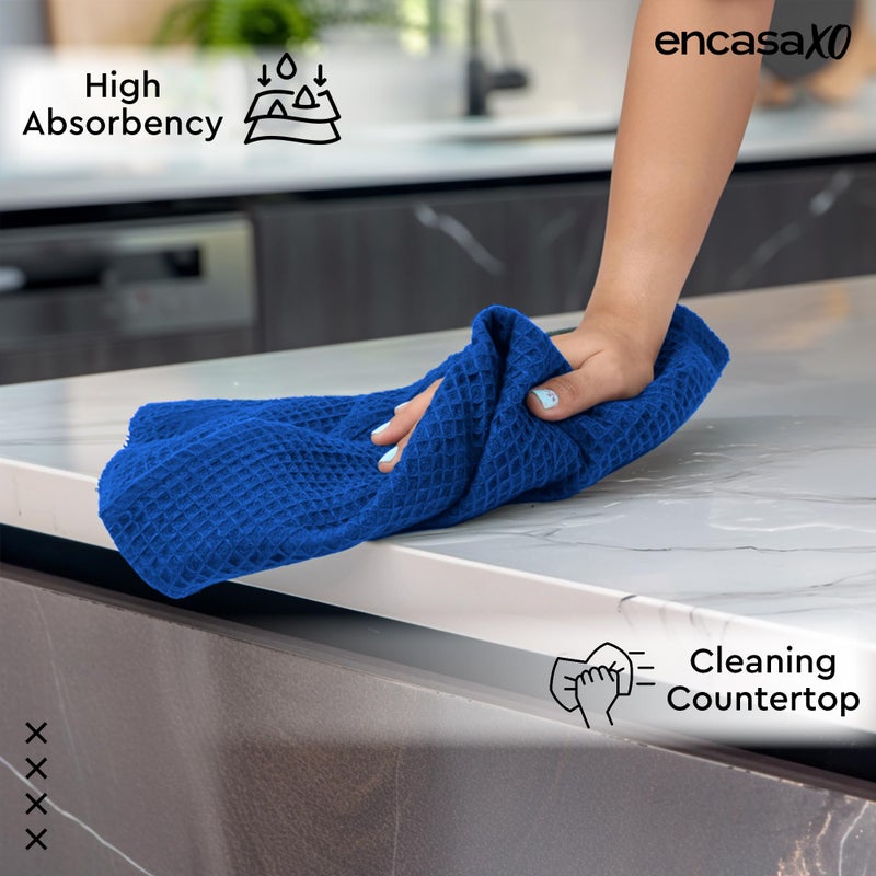 Encasa XO Kitchen Dish Towels Set | Blue | Waffle Weave and Flat Hand Tea Towel | 28"x18" | Quick Drying Reusable Cotton Washcloths | Multipurpose Lightweight Dishcloths Set of 4 - Image 2